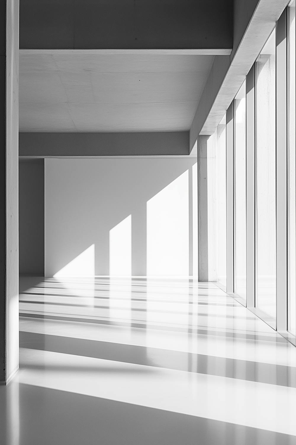 A minimal interior with large windows casting long shadows on a smooth floor