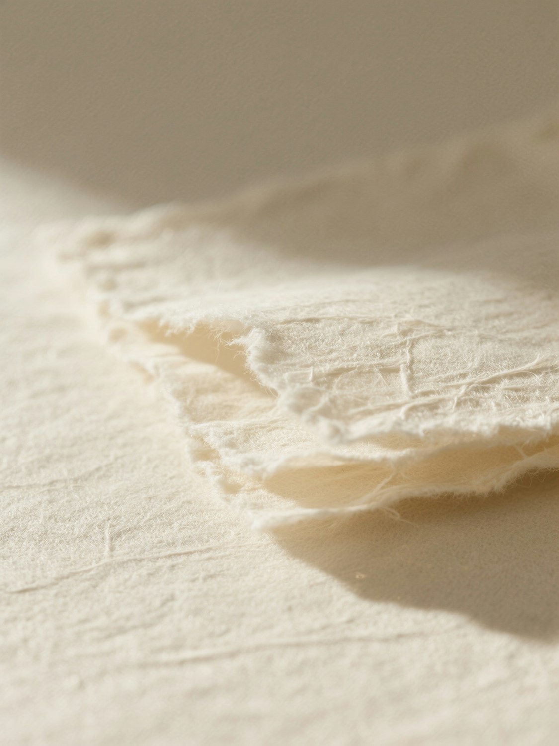Close up of textured off-white handmade paper with frayed edges