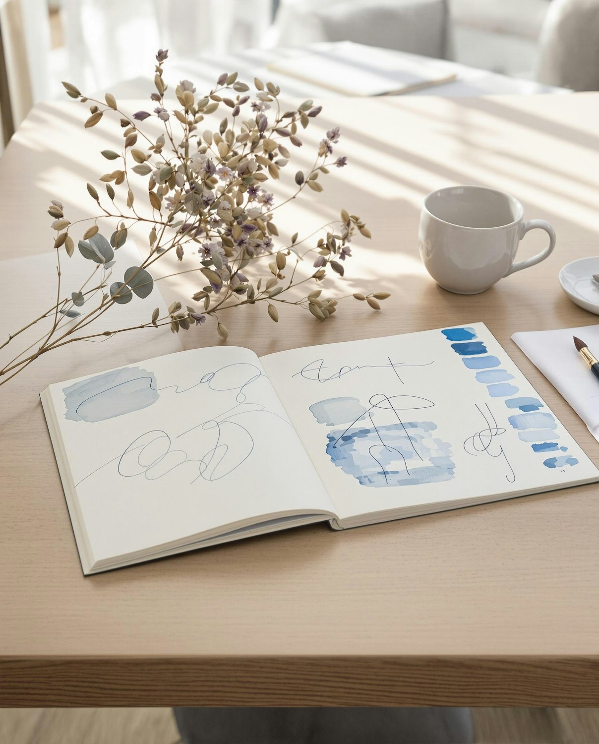 An open sketchbook with rough drawings, paint swatches and a mug on a wooden table
